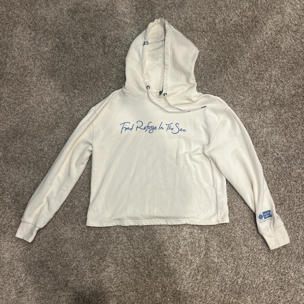 Cream Hoodie with Blue Text